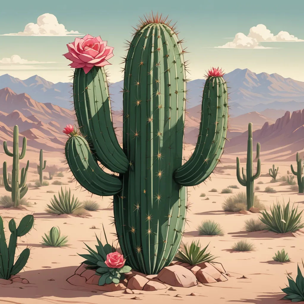 a cactus with a pink flower in the desert with mountains in the background and a sky with clouds in the background, pop surrealism, concept art, Chris LaBrooy, desert