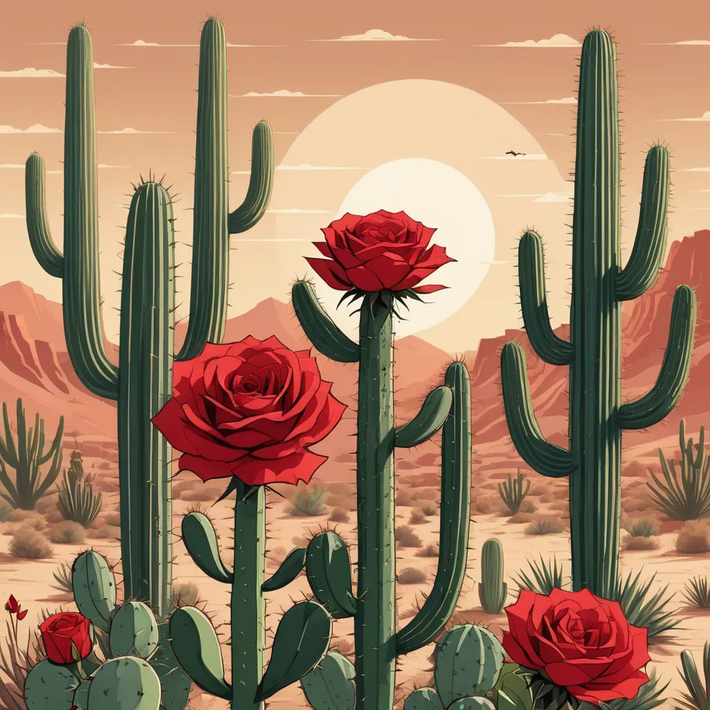 a desert scene with cactus, cacti and a full moon in the background with a bird flying over the top, serial art, poster art, Chris LaBrooy, desert