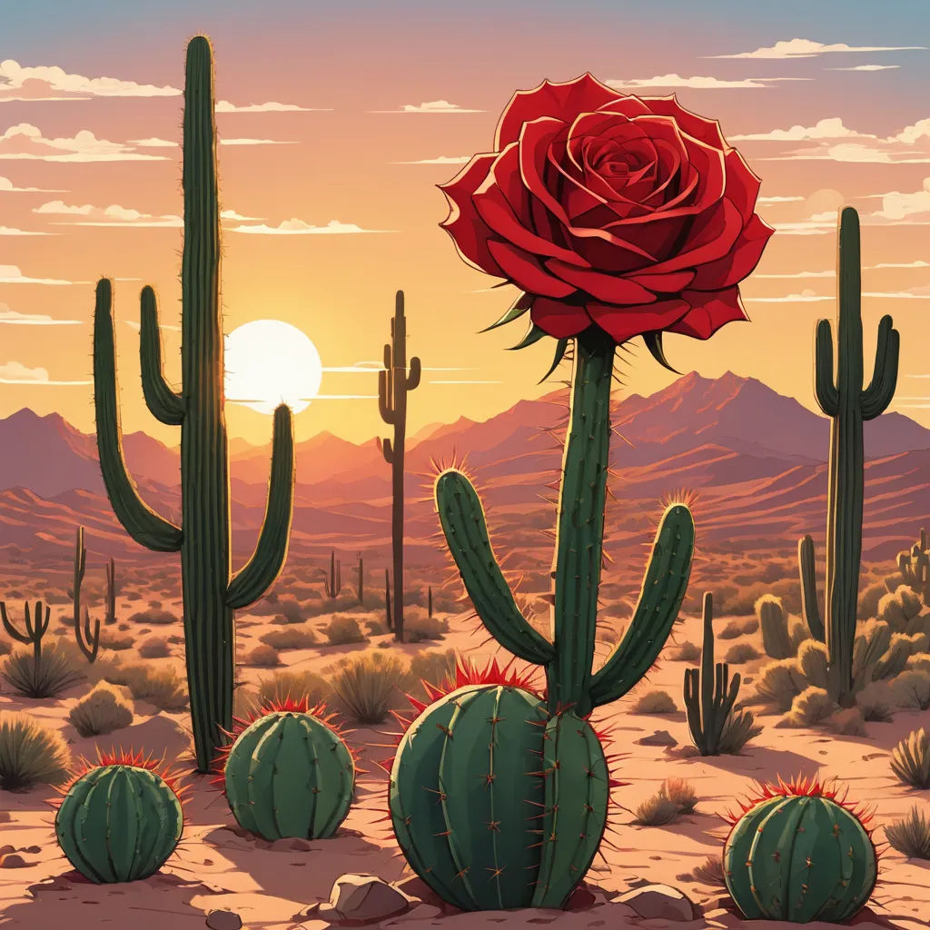 a painting of a red rose in the desert with cactus and mountains in the background at sunset or dawn, neo-romanticism, concept art, Chris LaBrooy, desert