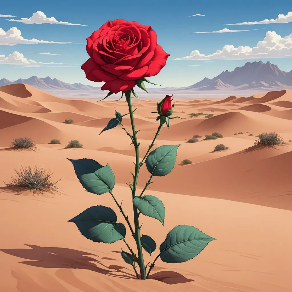 a red rose in the desert with a sky background and clouds in the background, with a single stem in the foreground, neo-romanticism, a detailed matte painting, David A Hardy, rossdraws global illumination