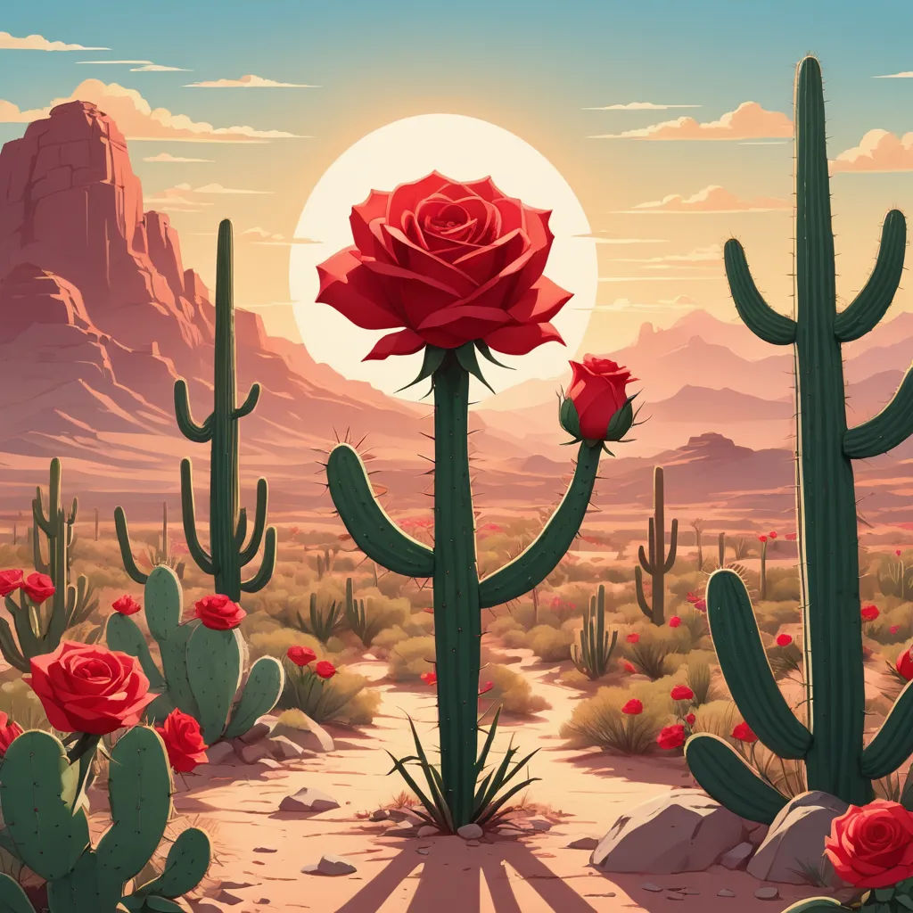 a desert scene with a rose and cactus plants in the foreground and a full moon in the background, neo-romanticism, a painting, Chris LaBrooy, rossdraws global illumination