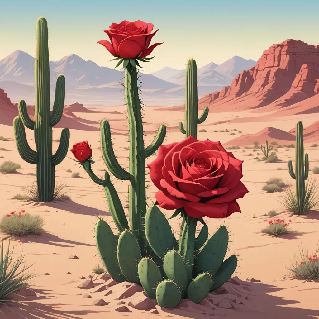 a painting of a desert with a cactus and a red rose in the foreground and mountains in the background, neo-romanticism, a detailed matte painting, Chris LaBrooy, desert