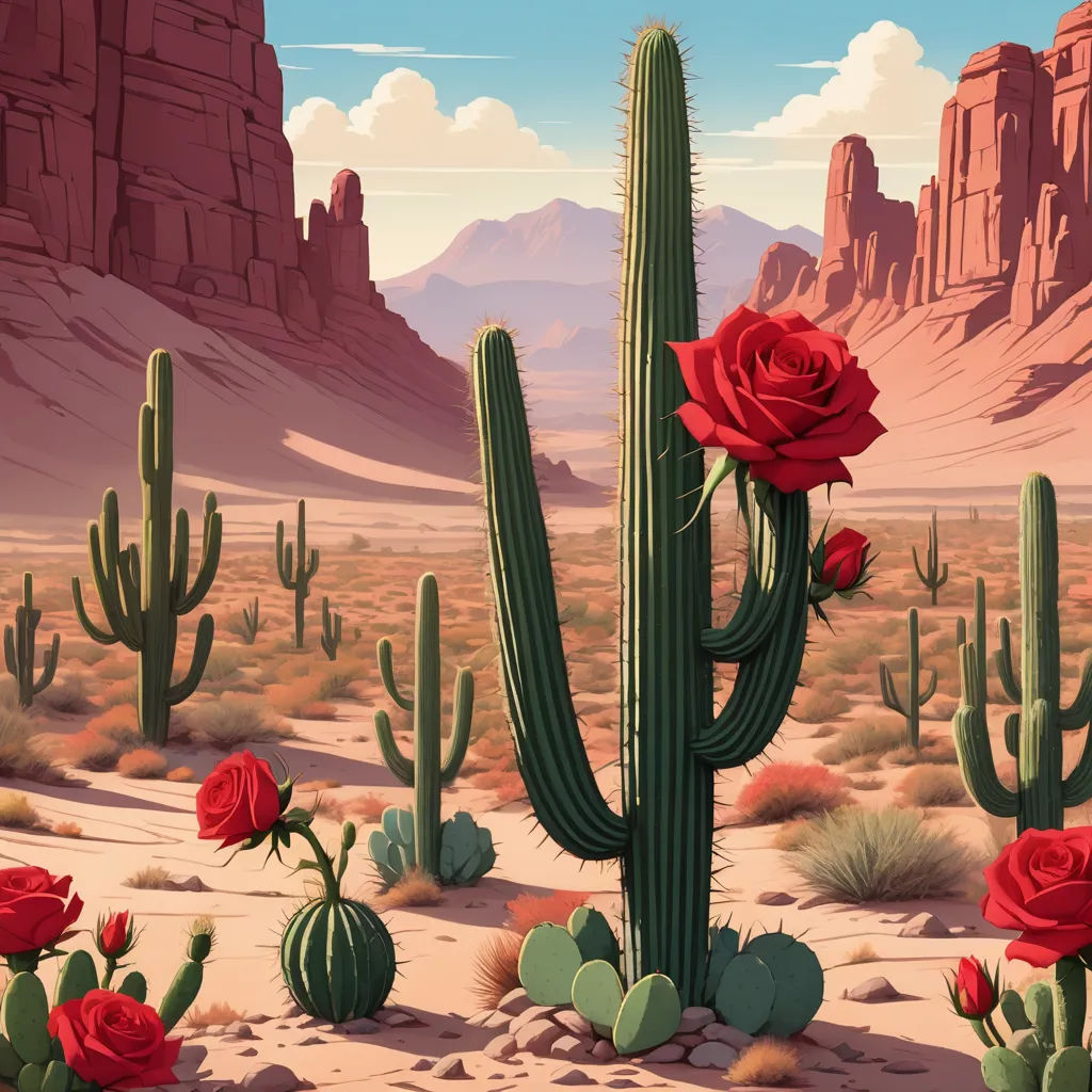a painting of a desert with a cactus and red roses in the foreground and mountains in the background, neo-romanticism, a detailed matte painting, Chris LaBrooy, desert