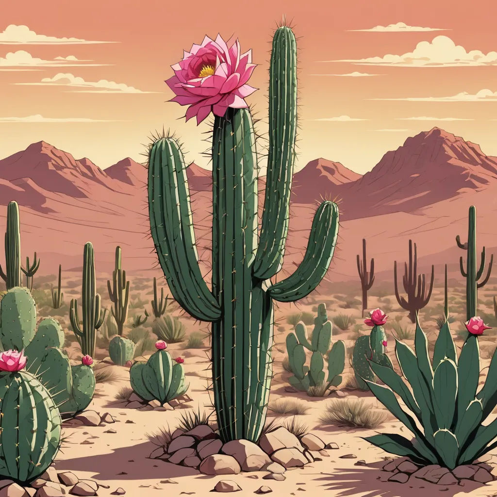a cactus with a pink flower in the desert with mountains in the background and a pink sky with clouds, pop surrealism, concept art, Chris LaBrooy, desert