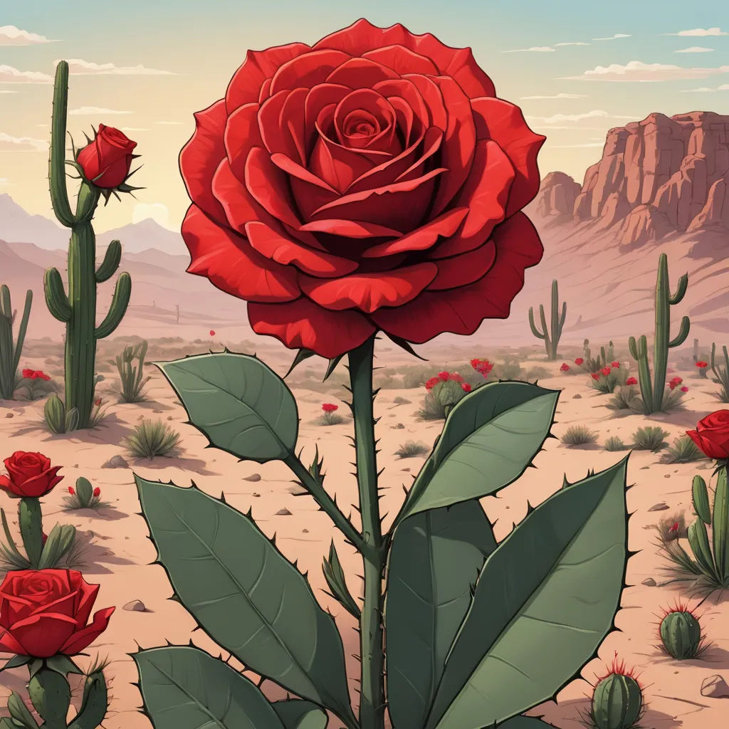 a red rose in a desert with cactus and mountains in the background with a sky background with clouds and a few red flowers, neo-romanticism, poster art, Chris LaBrooy, desert
