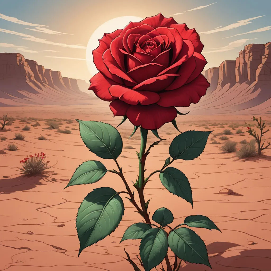 a red rose in the desert with a desert background and a sun in the sky above it, with a desert scene in the background, neo-romanticism, an airbrush painting, David A Hardy, promotional image