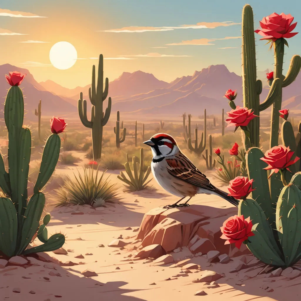 a bird sitting on a rock in the desert with cactus and flowers in the background at sunset or dawn, american scene painting, a storybook illustration, Chris LaBrooy, desert