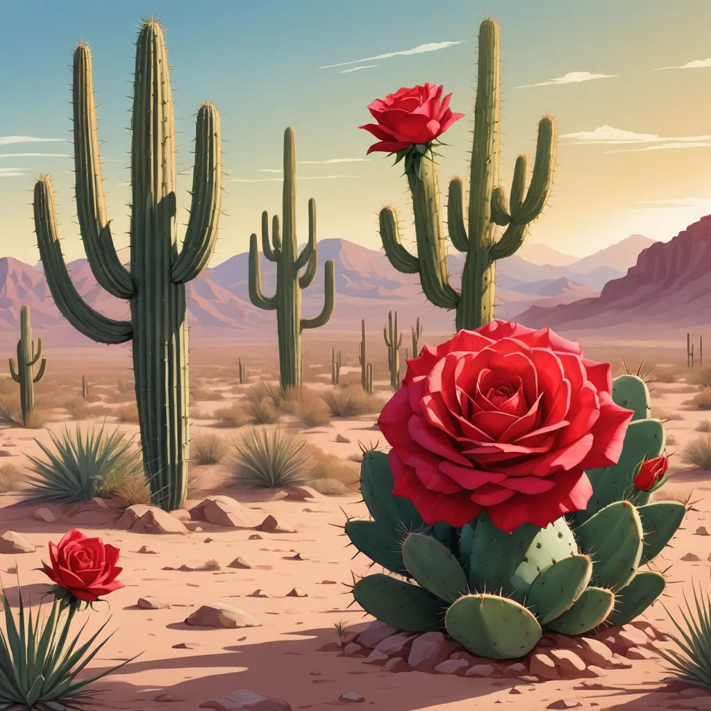 a desert scene with cactus and red flowers in the foreground and a mountain range in the background with a sky, american scene painting, a detailed matte painting, Chris LaBrooy, desert