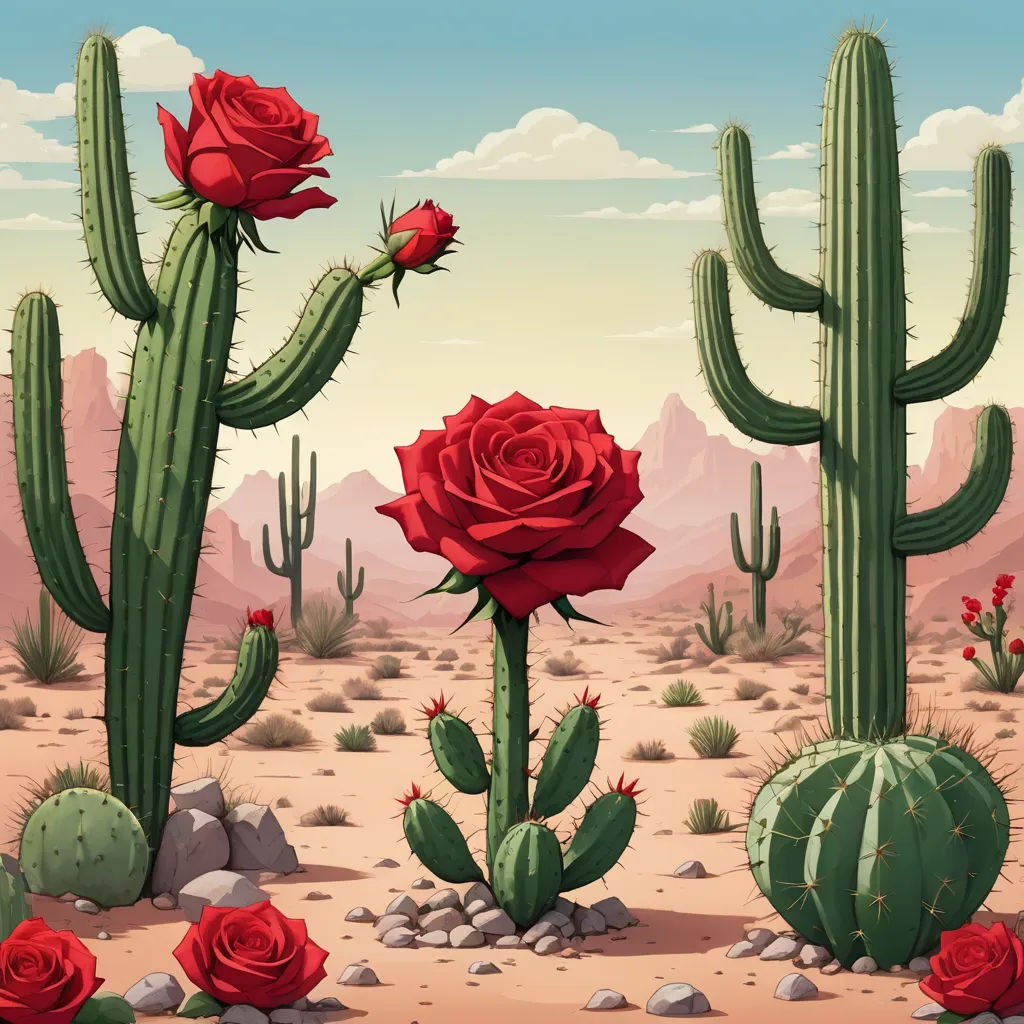a desert scene with a cactus and red roses in the foreground and a sky background with clouds and mountains, pop surrealism, concept art, Chris LaBrooy, desert