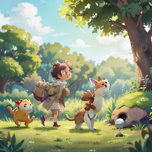 a boy with a backpack and a dog in a forest with a tree and a cat on the ground