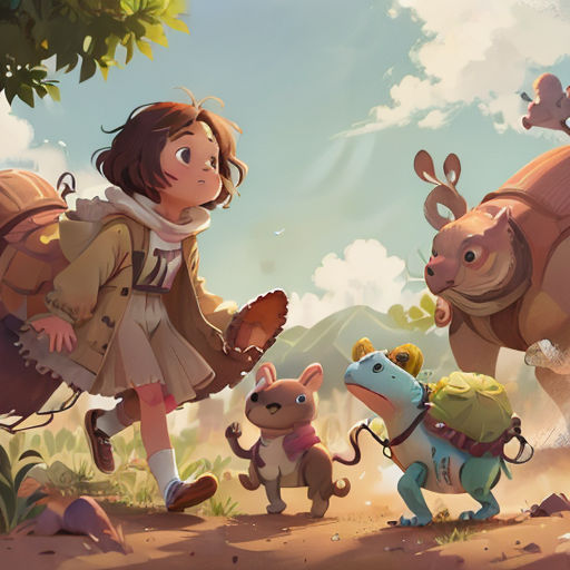 a girl is walking with her animals in a cartoon style scene with a sky background and clouds in the background