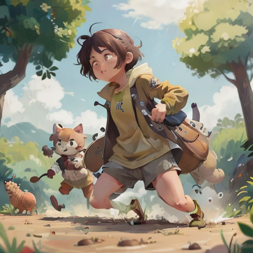 a girl running through a forest with a cat and a dog in her hand and a backpack on her back