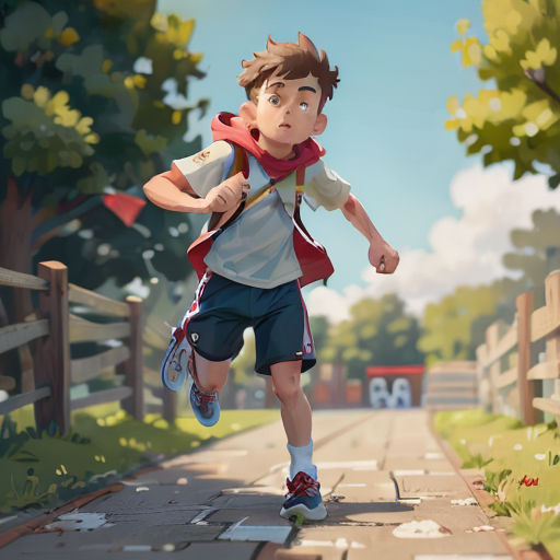 a boy running down a road in a cartoon style, with a backpack on his back and a backpack on his shoulder