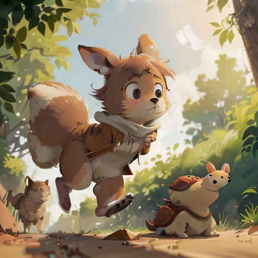 a cartoon of a fox and a dog running through a forest with trees and bushes in the background, with a sky background