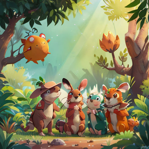 a group of animals standing in a forest next to a tree and a fish flying above them on a sunny day