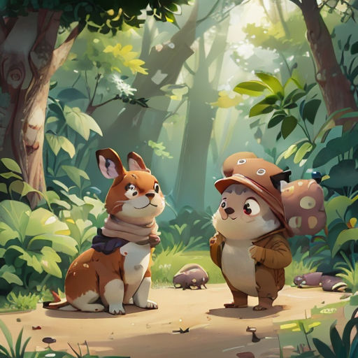 a couple of animals that are standing in the dirt near trees and bushes in the woods with a forest background