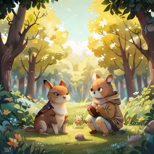a painting of two foxes in a forest with a fox cub sitting on the ground next to them,