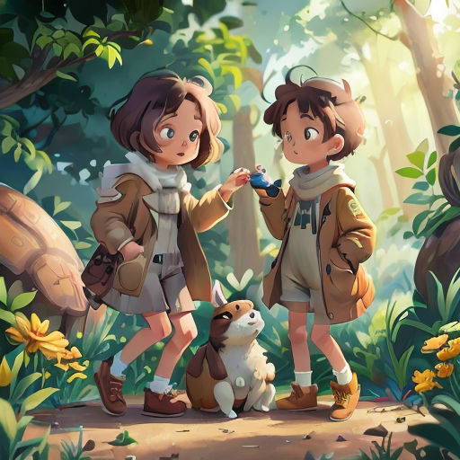 two children are standing in the woods with a dog and a bird in their hand and a dog on the ground