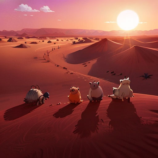a group of animals sitting on top of a desert covered in sand dunes at sunset or sunset time with a person walking