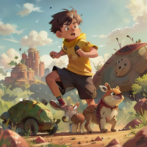 a boy running with a dog and a car in the background, in a cartoon style, with a dog and a man in the foreground