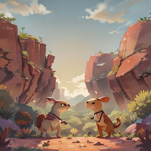 a couple of dogs standing on top of a dirt road next to a mountain range with rocks and plants