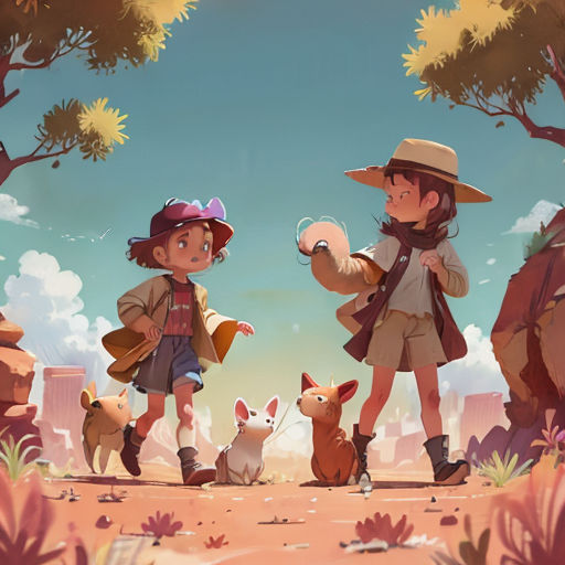 two children are standing in the desert with their animals and looking at something in the distance with a sky background