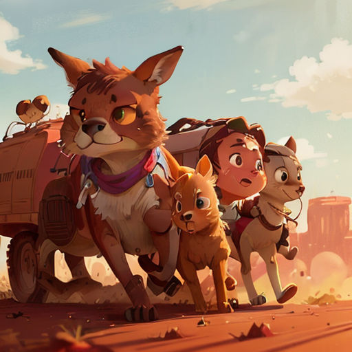 a group of animals standing next to a truck on a desert road with a sky background and clouds in the background