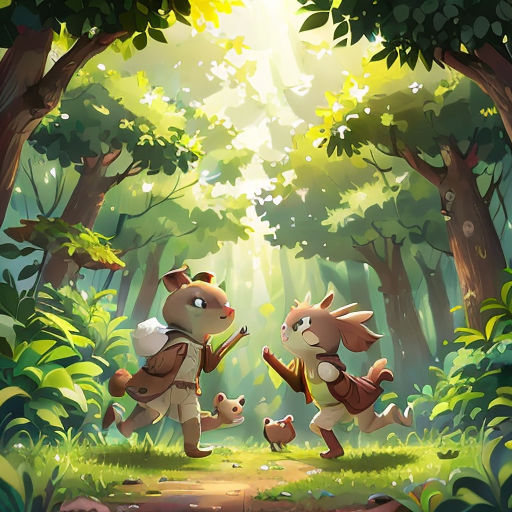 two cartoon animals are playing in the woods together, one is holding a backpack and the other is holding a backpack