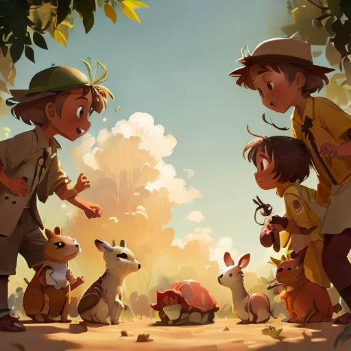 a group of children standing next to a group of animals in a forest with a man pointing at them