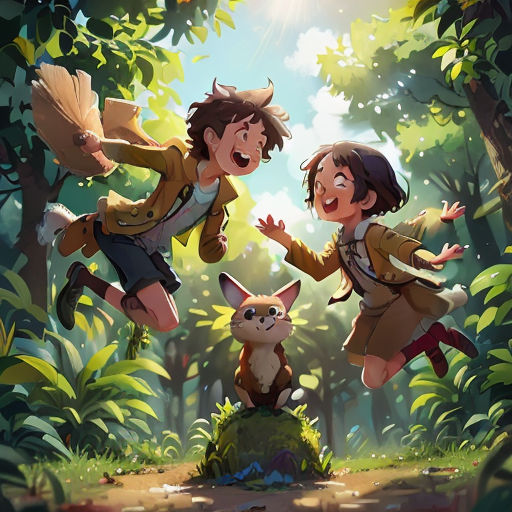 three children jumping in the air in the woods with a cat and a racoon in front of them