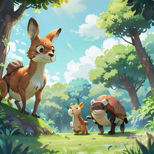 a group of animals standing in a forest next to trees and bushes, with a sky background and sun shining through the trees