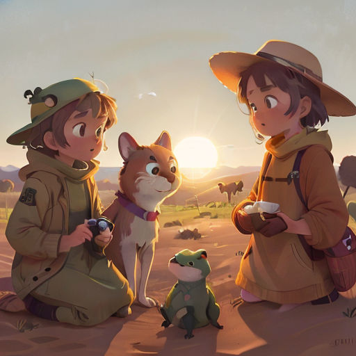 two children and a dog are sitting in the desert with a dog and a frog in front of them