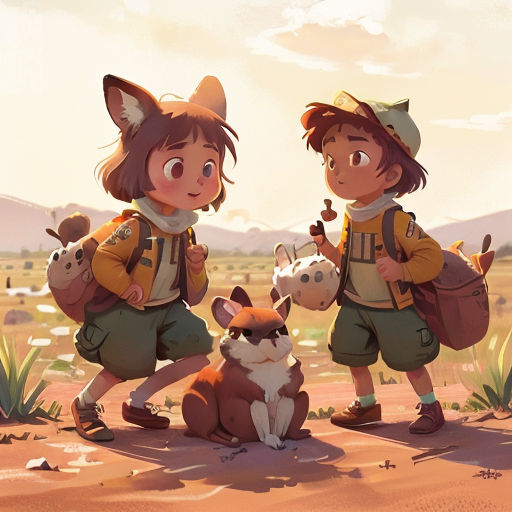 two children with backpacks and a dog in a desert area with mountains in the background and a sky with clouds