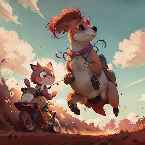 a dog and a cat riding on a motorcycle in the sky above a desert landscape with clouds and a sky background