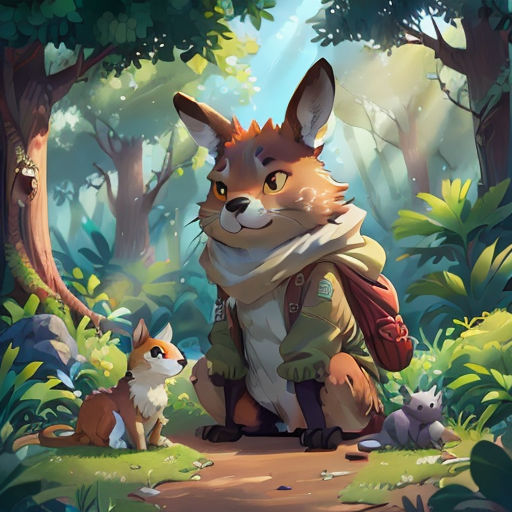 a fox and a fox cub in the woods with a backpack on their back, and a fox in the foreground