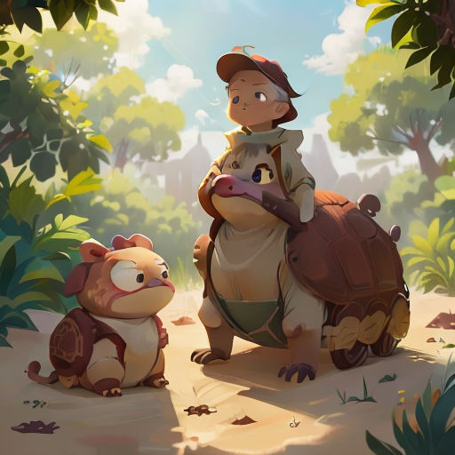 a cartoon character sitting on a turtle next to another character in a forest with trees and bushes in the background