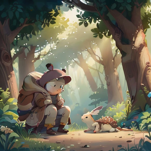 a man kneeling down next to a rabbit in a forest with trees and bushes on both sides of him