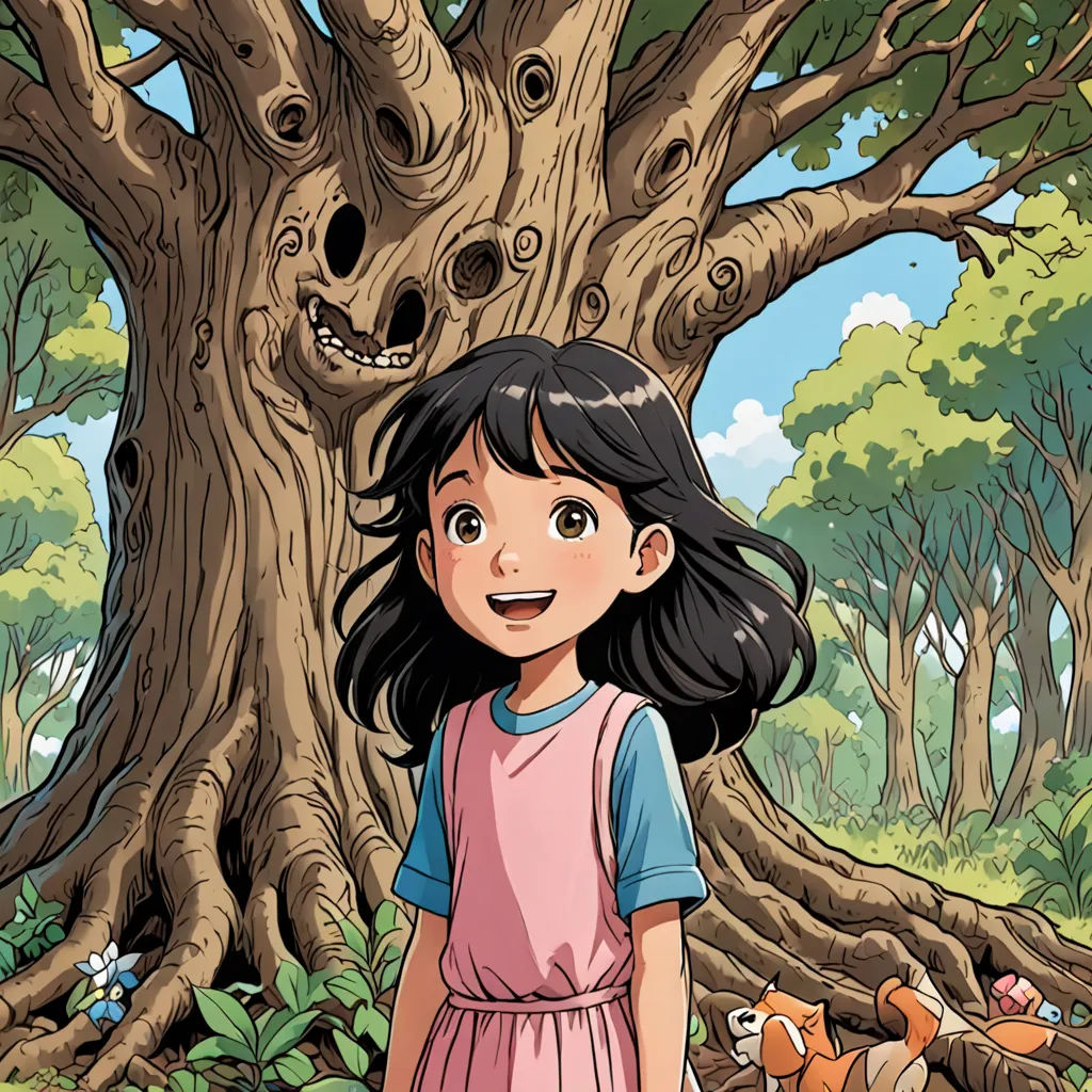 a girl standing in front of a tree with a creepy face on it's face and a creepy face on its head, magical realism, a storybook illustration, Diego Gisbert Llorens, ghibli