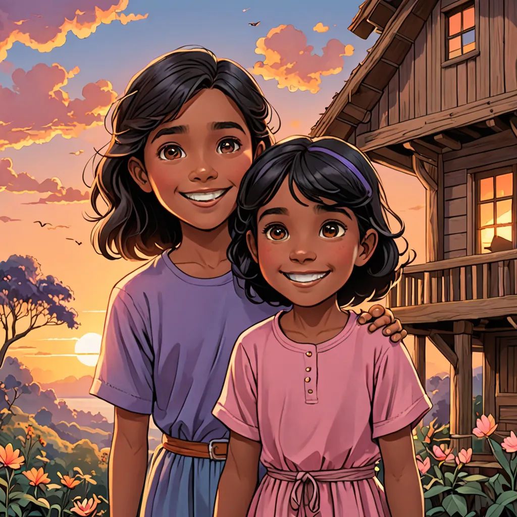 a couple of kids standing next to each other in front of a house with flowers in front of them, samikshavad, a storybook illustration, Ella Guru, comic cover art