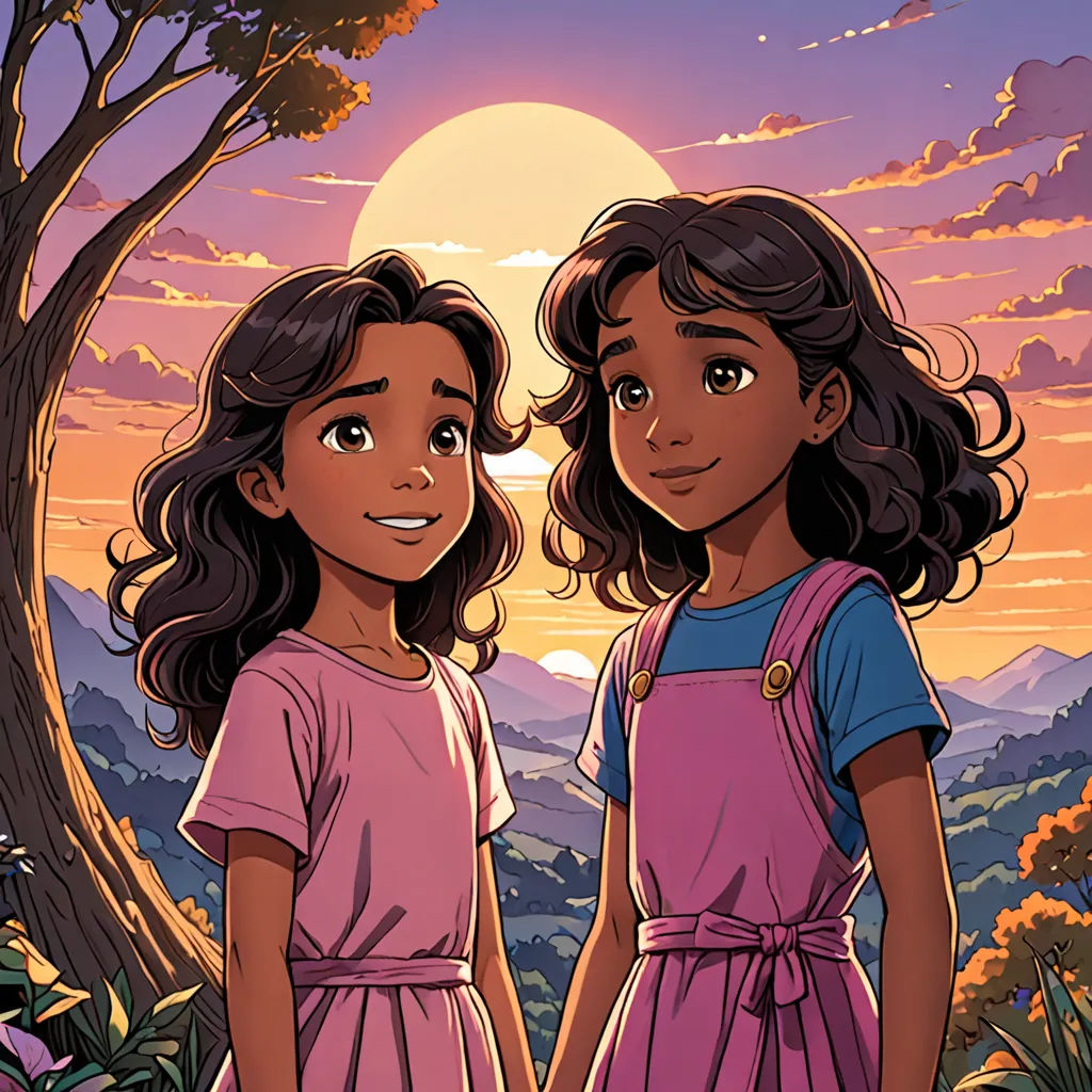 two young girls standing in front of a sunset with mountains in the background and trees in the foreground, lyco art, a comic book panel, Ella Guru, official art