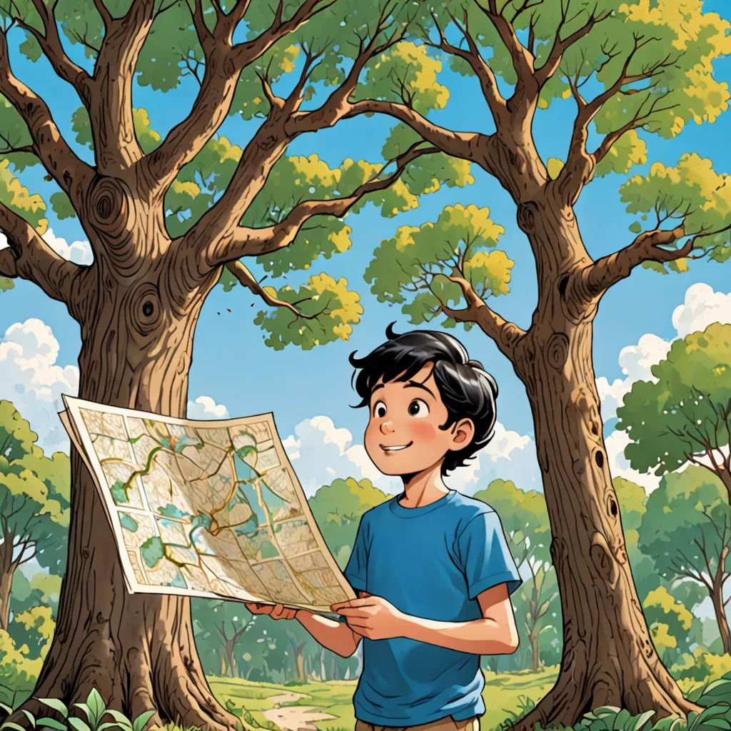 a boy is holding a map in a forest with trees in the background and a bird flying overhead in the sky, process art, a storybook illustration, Diego Gisbert Llorens, comic cover art