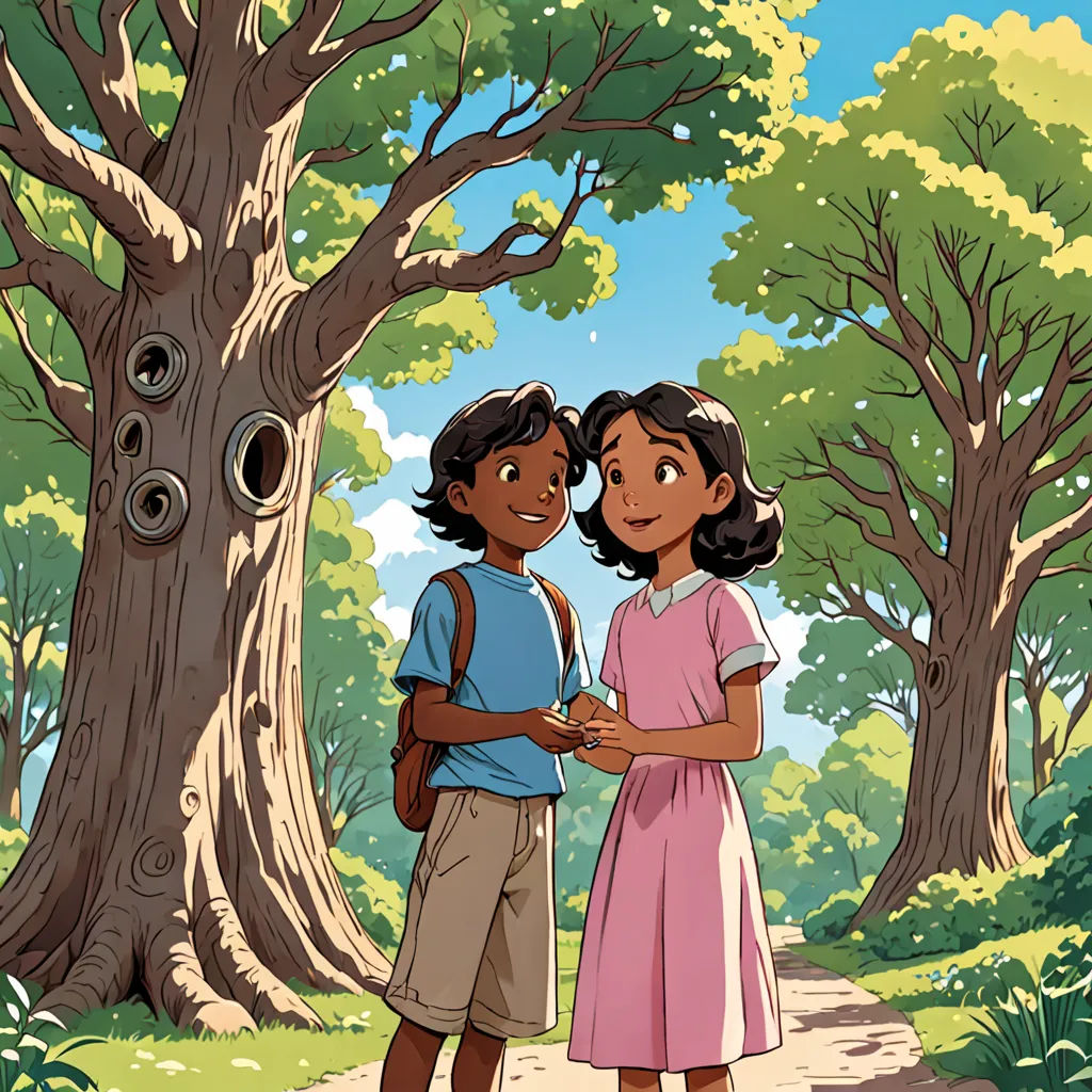 a boy and a girl standing in front of a tree in a forest with a bird in the background, magical realism, a storybook illustration, Aaron Jasinski, comic cover art