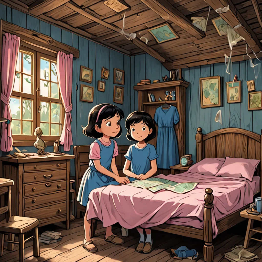 a couple of kids standing in a bedroom next to a bed and a dresser with a mirror on it, magical realism, a storybook illustration, Diego Gisbert Llorens, ghibli