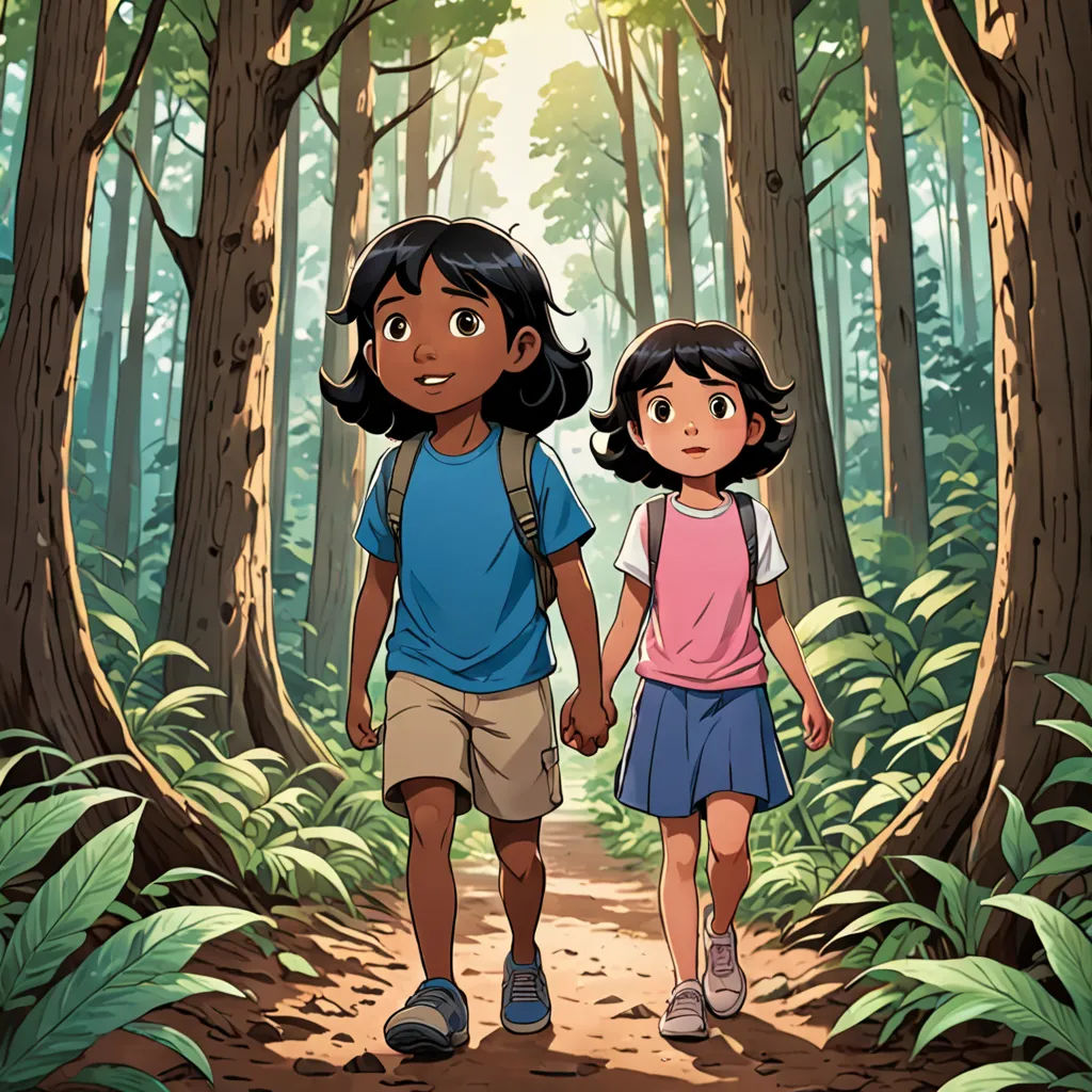 a couple of kids walking down a forest path together with a backpack on their back and a backpack on their shoulder, serial art, a storybook illustration, Cliff Childs, official art