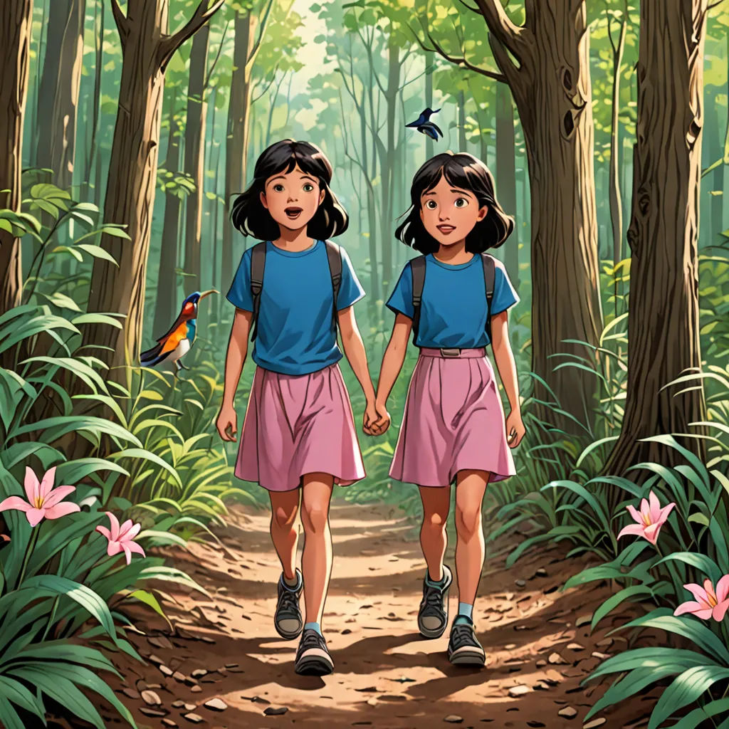 two girls walking in the woods with birds on their heads and a bird on their shoulder, with a bird on their shoulder, environmental art, a storybook illustration, Choi Buk, color page