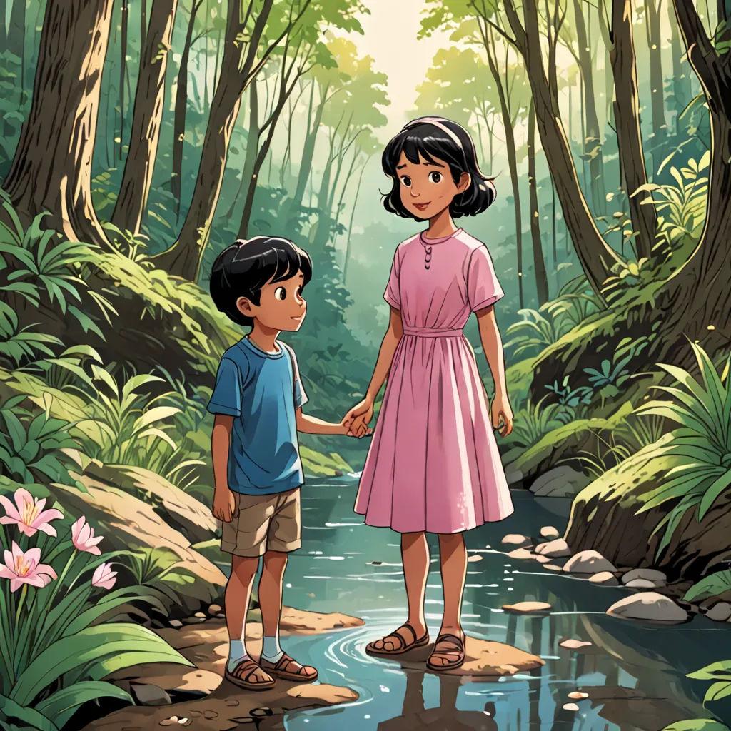 a boy and girl standing in a forest holding hands and looking at each other with a river running through them, serial art, a storybook illustration, Ella Guru, promotional image