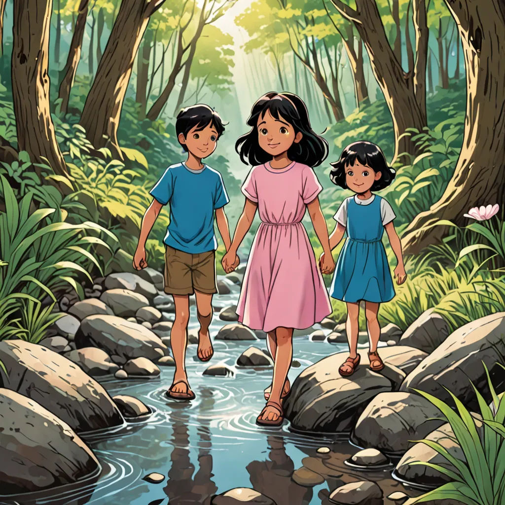 a couple of kids walking across a river in a forest with rocks and trees on both sides of the stream, lyco art, a storybook illustration, Choi Buk, promotional image