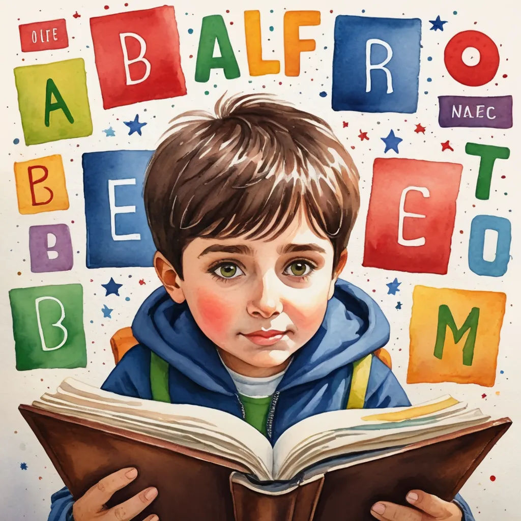 a painting of a boy reading a book with letters around him and the words abc abc abc abc abc, art & language, a storybook illustration, Alesso Baldovinetti, storybook illustration