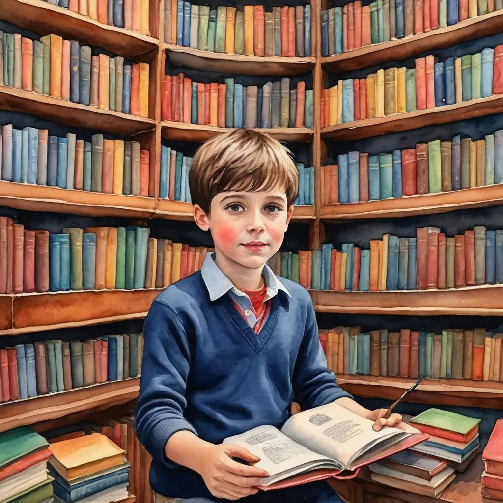 a painting of a boy sitting in front of a bookcase holding a book and a pen in his hand, hyperrealism, a hyperrealistic painting, Barclay Shaw, extremely detailed oil painting