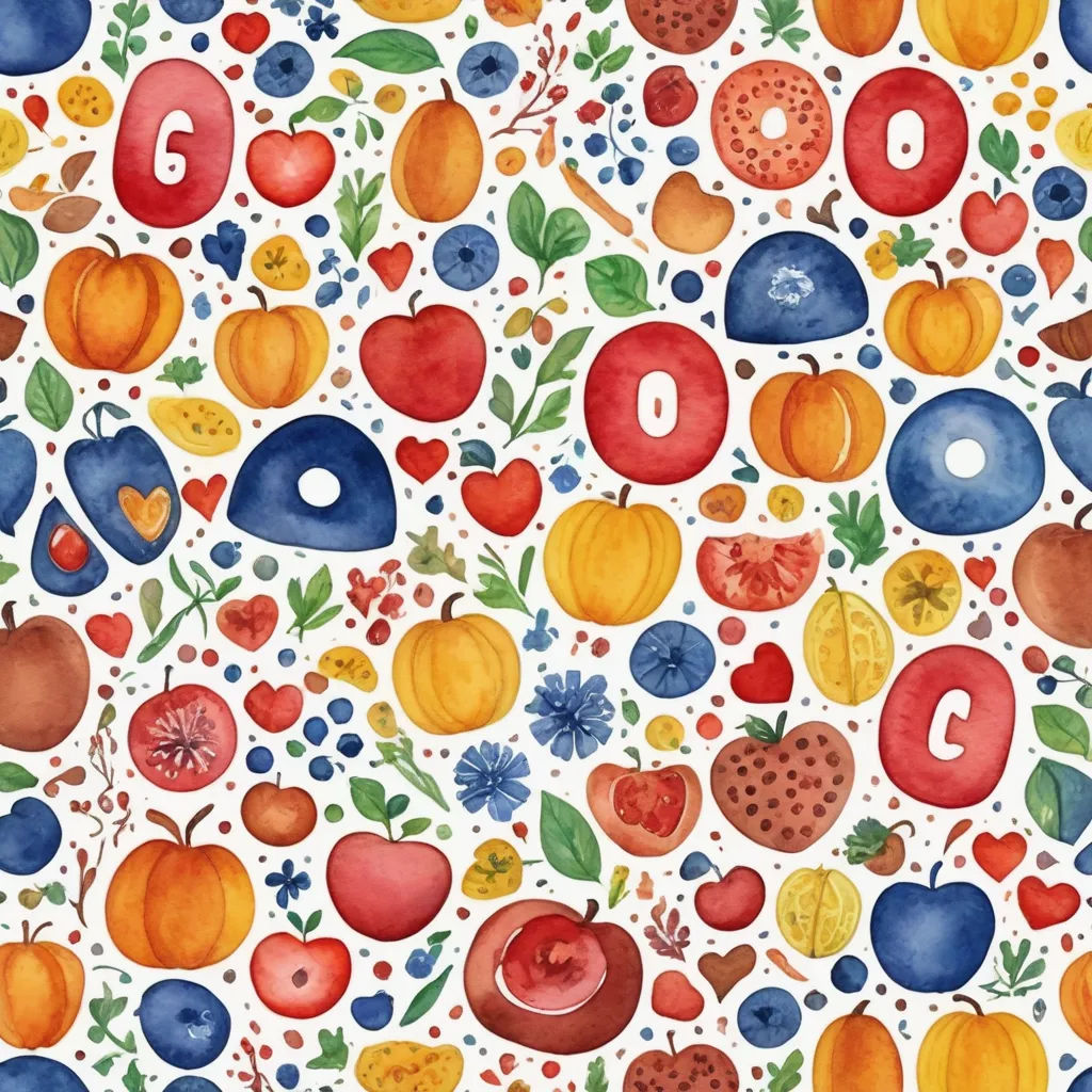 a painting of fruits and vegetables on a white background with a number six on the side of the image, folk art, a watercolor painting, Annabel Kidston, detailed illustration